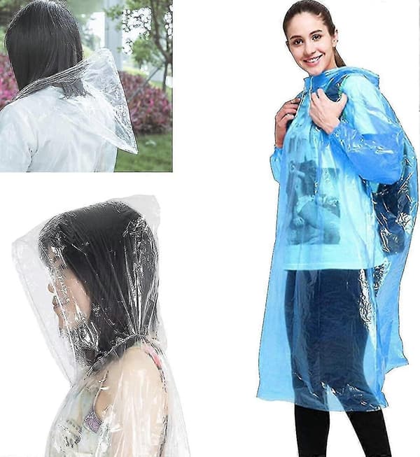 Regnkappe 10 stk. Regnponcho med hette, transparent, vanntett, engangsregnfrakk for camping