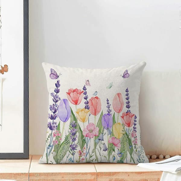 2-delt sæt med blomstrede pudebetræk, tulipaner, lavendel, blomster