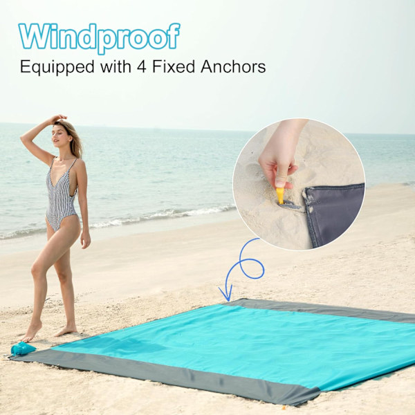 Strandfilt Picknickfilt, Extra Stor 210 x 200cm/79 * 83IN Vattentät Sandtät Vattenavvisande Strandmatta med 4 Fasta Spikar, Förstärkt Kant blue