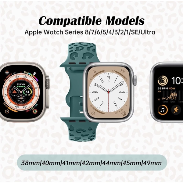 Leopard Print -pehmeä silikoniranneke, joka on yhteensopiva Apple Watch rannekkeiden kanssa 42 mm 44 mm 45 mm 49 mm naiset, miehet, vaihtokellon ranneke iWatch-sarjaan green 42/44/45/49MM