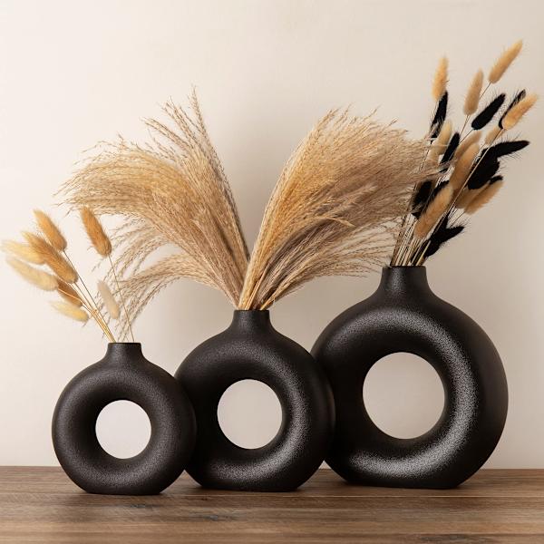 Svart vase for Pampas gress, stuetilbehør, svart keramisk donut vase, matt svart rund sirkel vase, svart rominnredning, moderne hylleinredning
