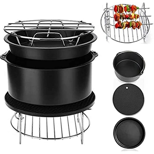 Tilbehørsett til luftfrityrkoker med kakeform, pizzabakeplate, bakegrillrist, isolasjonsputer for luftfrityrkoking 6 tommer 5 deler luftfrityrkoker