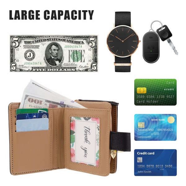 Plånbok för damer, små tvåfaldiga läderplånböcker för kvinnor med kontant-ID kreditkortshållare, ihåliga blad för damer Veganska myntplånböcker Pengapåsar (svarta) black
