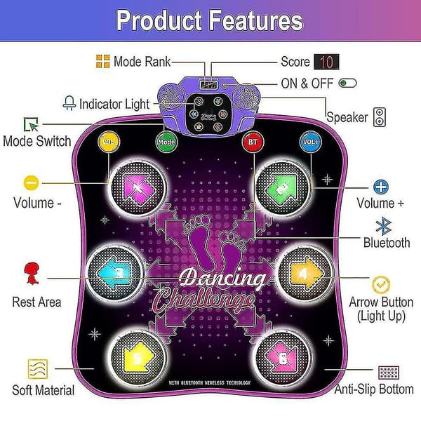 Dansematte for barn 3-10 år med Bluetooth, musikkdansematte med 6 lysende piler, elektroniske dansematte leker