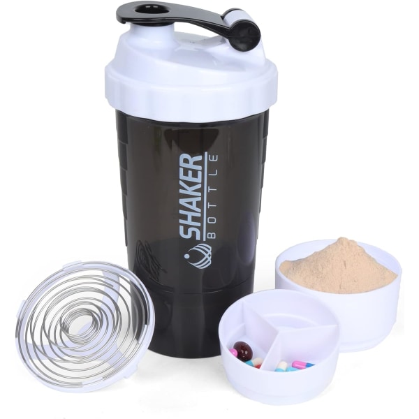 Proteinshakerflaske 16oz shakerflaske for proteinshakes, proteinshaker med oppbevaring og mikseball, 3-lags lekkasjesikker proteinbeholder white