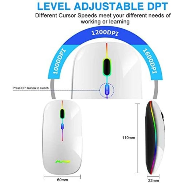 Trådløs Bluetooth-mus, slank mus 2,4G bærbar USB optisk trådløs mus, LED oppladbar dobbel modus (Bluetooth 5.0 og 2,4G trådløs) mus white