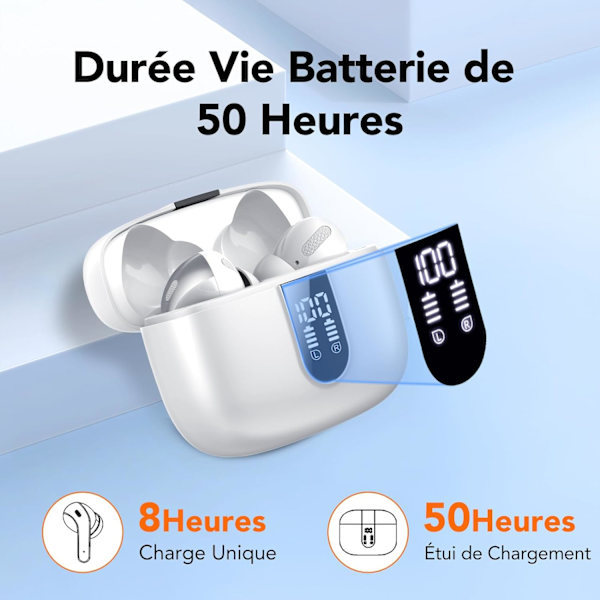 Trådløse ørepropper, 50 timer spilletid Bluetooth-hodetelefoner, Bluetooth-hodetelefoner 5.3, i øret med 4 ENC-anrop støydempende mikrofoner, Bass Boost 85% WHITE