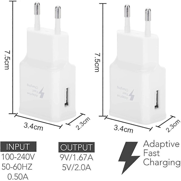 Dww - 2-pak Hurtig USB-opladeradapter til Samsung S22/S21/S20/S10/S10E/S6/S7/S8/S9/Edge/Plus/Active/A72/A53 5G, Note 5 8, Note 9, Note10/20/