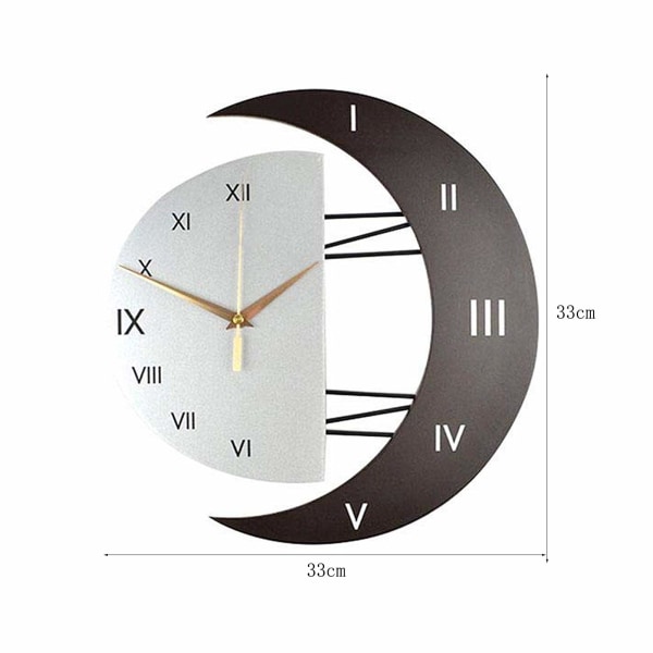 Väggklocka Stor Tyst Modern Design Måne Form Romerska Siffror Kvarts Väggklocka för Vardagsrum Sovrum Kök (31x32)