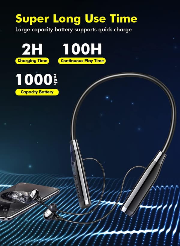 Bluetooth-hörlurar med nackband, HD-stereoljud med 100 timmars speltid