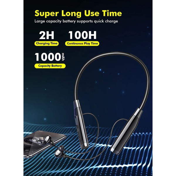 Bluetooth Neckband-hovedtelefoner, HD-stereolyd med 100 timers spilletid