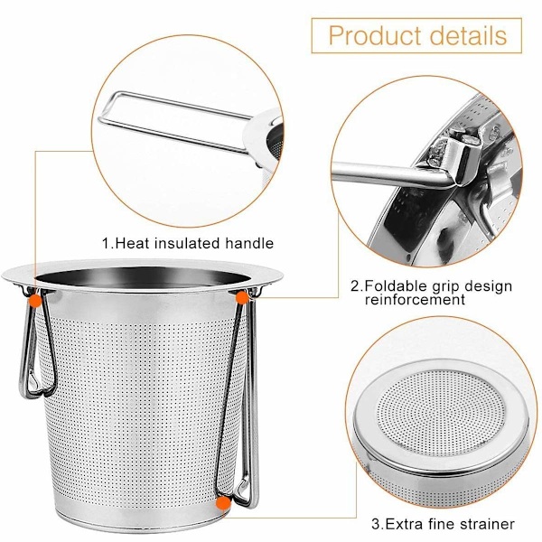 Teinfuser, 304 rustfrit stål tesi, med låg og sammenklappeligt håndtag, tefilter til tekande kopper krus til brygning af løs te, 1 pakke