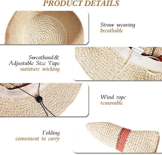 Solhatt Floppy Halmhatt Bred Brätte Fällbar UV-skydd Hink Sommar Strandhatt för Flickor Kvinnor Beige