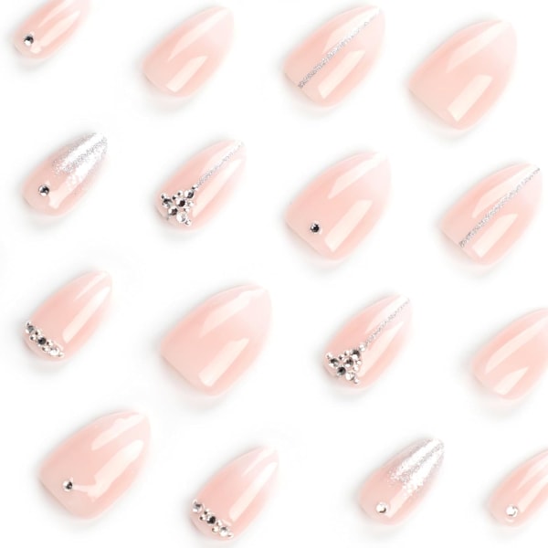 Tryk på negle mandelform, franske falske negle medium pink gradient falske negle med glitter rhinsten design, blank fuld dækning lim på negle