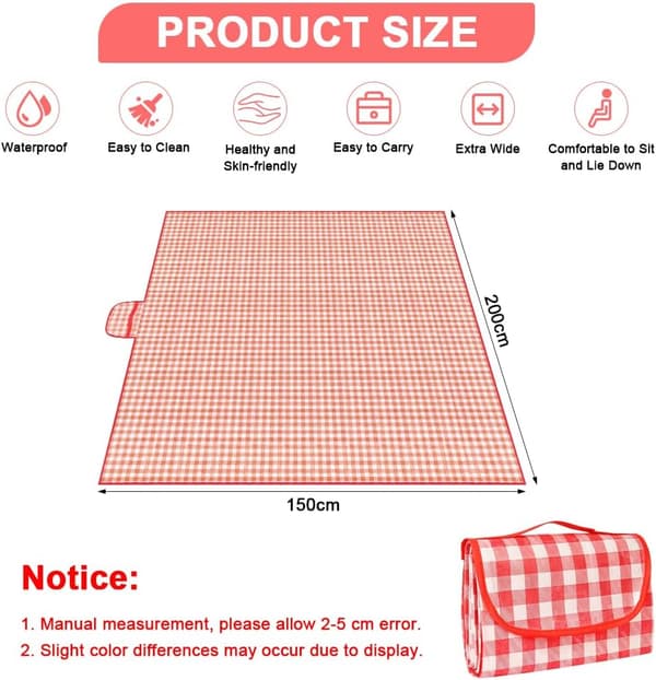 Piknikpledd, ekstra stort tartan piknikmatte med bærehåndtak, sammenleggbart og bærbart (150*200cm) (rød)