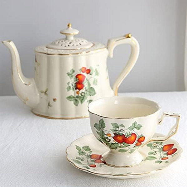 Tekanna Te-kanna Fransk Retro Tekanna Kaffe Kopp Set Guld Kant Kopp Fat Tallrik Jordgubbsblomma Stor Tekopp Engelsk Eftermiddagste Restaurang Bar Cafe