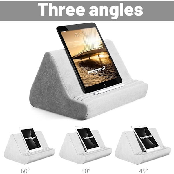 Mjuk Tablettställ Kudde med Fick, Tablettkudde Stativ, Justerbar 3 Visningsvinkel, Lat Hållare Stativ för Säng Soffa, Kompatibel med iPads Tabletter Light Grey