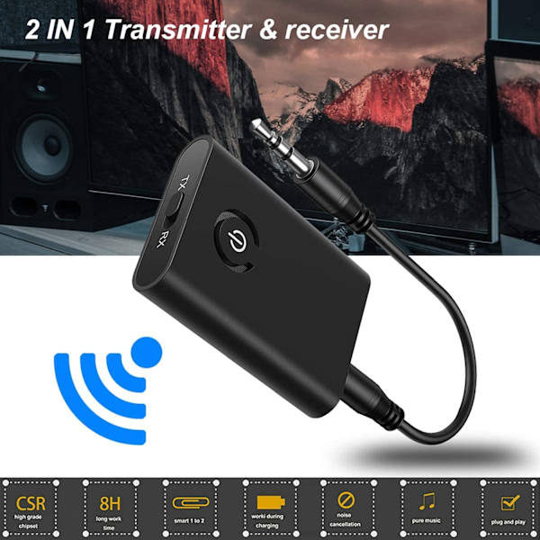 Bluetooth 5.0 Sender/Mottaker, 3,5 mm Jack
