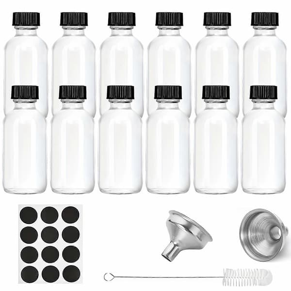 12 st Glasflaskor med Lock och 2 Rostfria Trattar 60 ml, Små Transparenta Glasflaskor för Dryck, Juice, Hälsa, Ingefärsshots