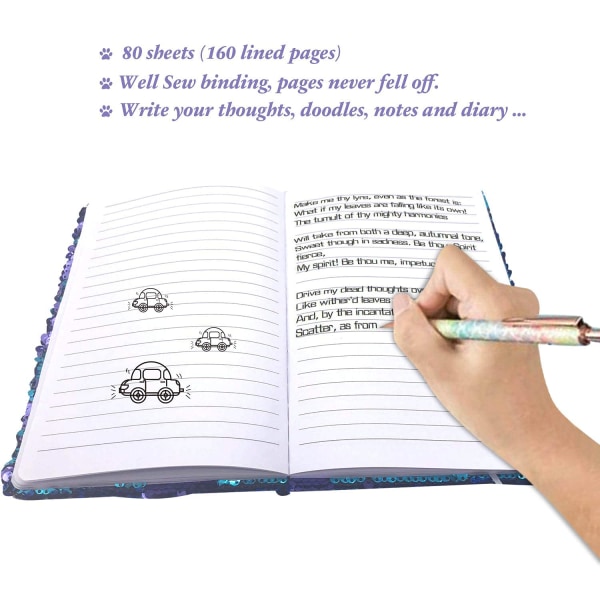 Vendbar pailletter notesbog til piger, A5 størrelse lilla sommerfugl til blå små piger dagbog til at skrive tegning, til piger og drenge