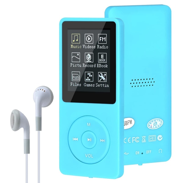 MP3/MP4 Digital Musik Afspiller, HiFi Tabsløs Lyd Musik Afspiller med Musik/Video/Stemme Optagelse/FM Radio/E-Bog Læser (Lyseblå)