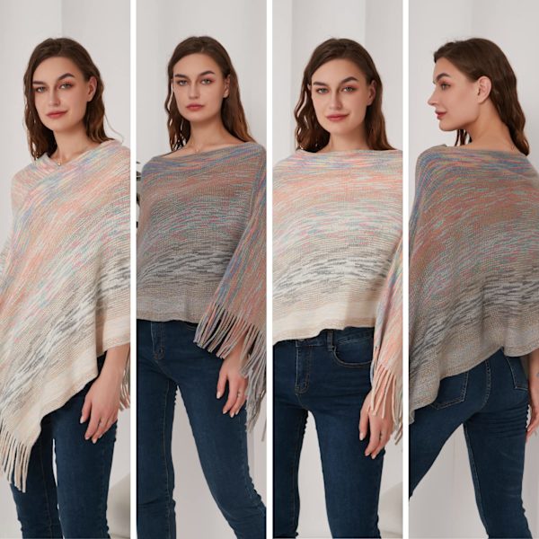 Tyylisä poncho naisille, pehmeä ja kevyt neulottu poncho-neule, jossa on muodikkaat reunukset ja monivärinen lanka