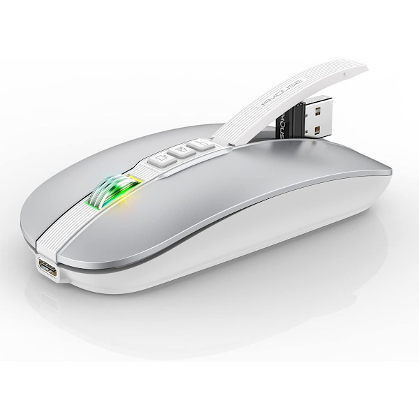 Bluetooth-mus for bærbar PC, slank og stille trådløs reisemus USB C oppladbar 2400 DPI Dual Mode med USB-mottaker silver