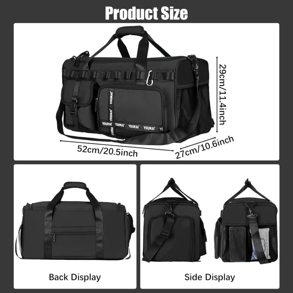 Gym Bag Sport Duffel Bag med skosrom Gym Duffel Bag Weekend Reisebag med våtlomme 2 i 1 Ryggsekk Bag Stor kapasitet Foldbar black