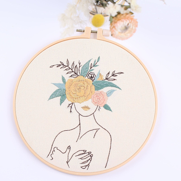 3 set med full serie av nybörjarbroderikit, DIY handbroderi startset, kvinnor och blommönster