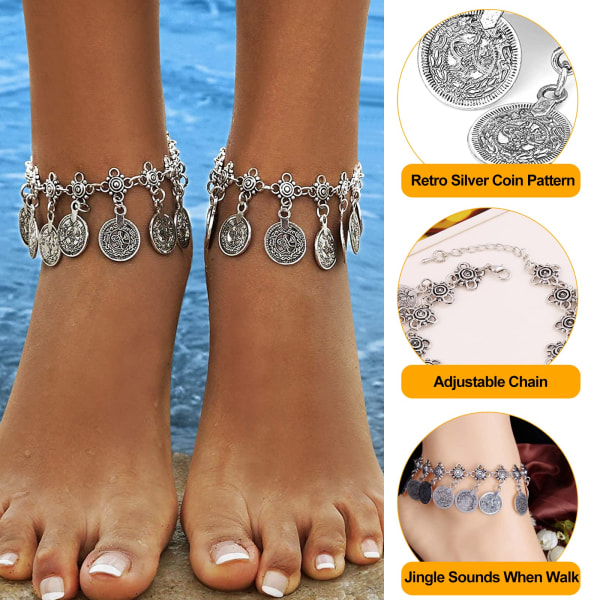 2 STK Kvinner Beach Anklet Tribal Etnisk Mynt Dusk Gypsy Anklets Kjede Justerbar Boho Anklets Foot Chain Jewellery (Sliver)