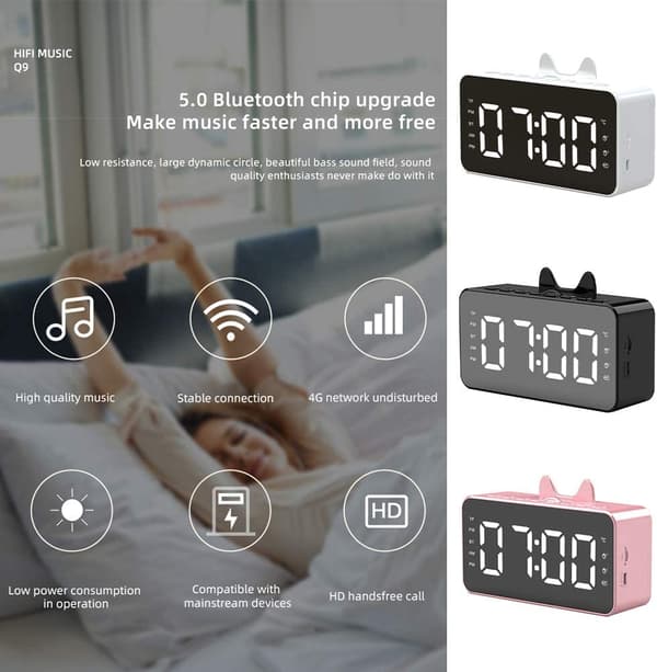 Digital väckarklocka Bluetooth-högtalare, dubbel klocka, FM-radio