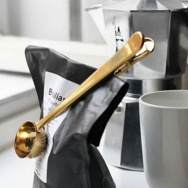 2 stk. kaffeske med poseklemme, rustfrit stål kaffemåleske, kaffesealer til cafetiere malet kaffe og bønner silver/gold