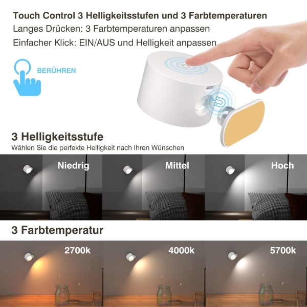 LED indendørs væglampe, væglampe med batteri, 1 stk., berøringskontrol, 3 lysstyrkeniveauer, 360° roterende, til stue, soveværelse, trappe (hvid)