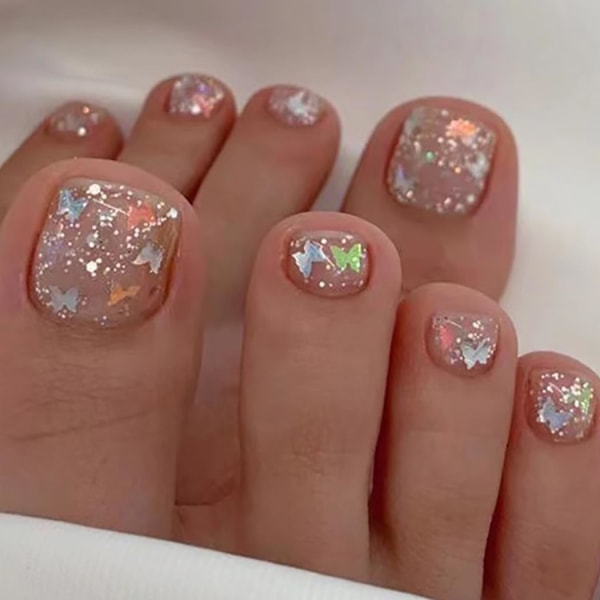 Falske tånegle Pink Glitter Falske tånegle Farvede sommerfugletryk på tånegle Bling blank akrylstift på fodnegle til kvinder og piger