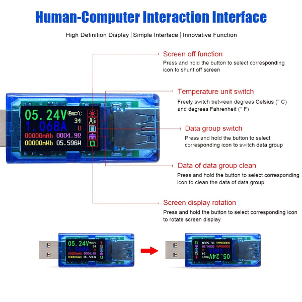 USB-tester multimeter 3.0 USB-spenningstester 3.7-30V 0-4A USB, meter voltmeter amperemeter IPS fargedisplay kapasitet strømladerdetektor AT34
