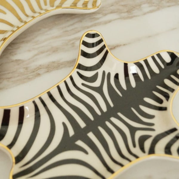 Zebra stribe smykkebakke Keramiske fade tallerken forgyldt 5,9", sort