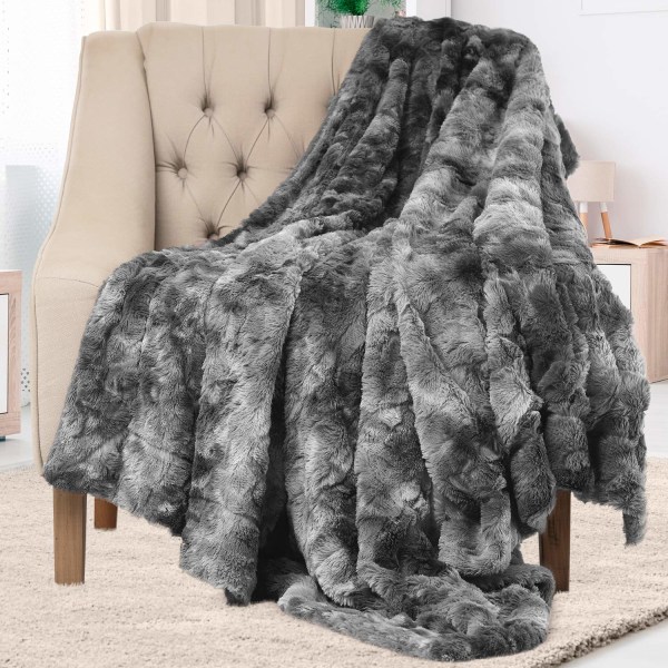 Pälsfilt - Dubbelsidig, mjuk, varm, mysig, lyxig, fluffig filt för soffa och säng - Grå täcken för soffa Large (152x127cm)