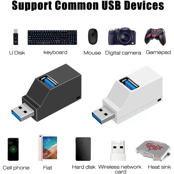 3-Port USB Hub, 2 stk. USB 3.0 Hub, USB Splitter Adapter