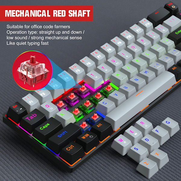 V800 Trådbundet mekaniskt tangentbord 68 tangenter RGB Gaming tangentbord med avtagbar typ-C-kabel ABS-tangentlock grey