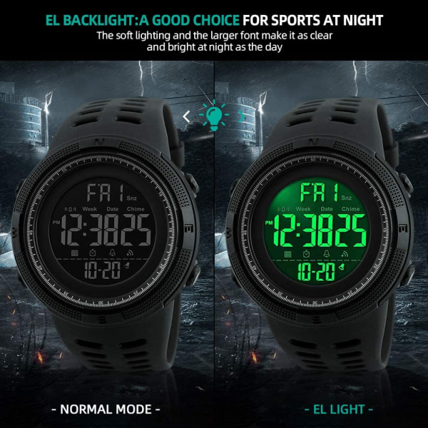 Herre Sports Digital Watch, Vandtæt med LED-baggrundsbelysning
