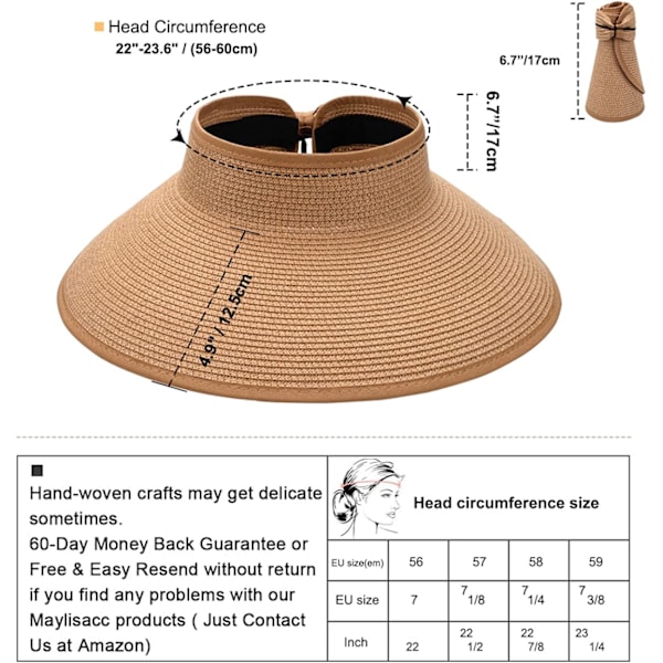 Rullbar solhatt med bred brem i halm för damer (Khaki)