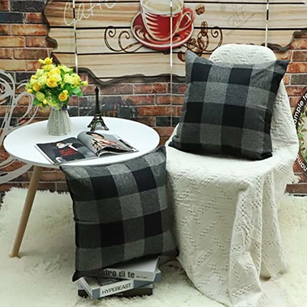 Tartan pellava cover, tyynynpäälliset kodin sohvalle autokoriste 50×50cm, 2 kpl set , musta black