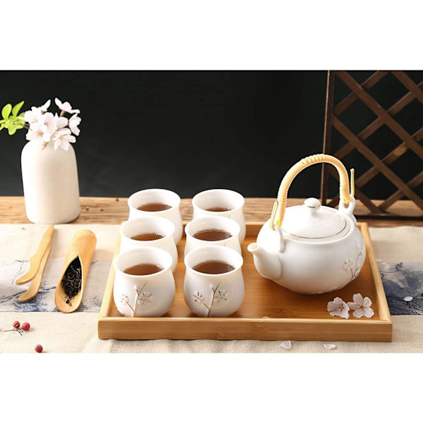 Hvit porselenste-sett med 1 tekannesett, 6 tekopper, 1 tebrett, 1 rustfri infuser, søtt asiatisk te-sett for teelsker/kvinner/menn (plomme i gull)
