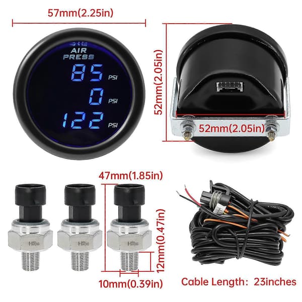2\" 52mm Digital Luftfjæring Trykkmåler 0-220PSI Trippel Display Lufttrykkmåler med 2 stk 1/8 NPT Sensor 5 Meter Ledning