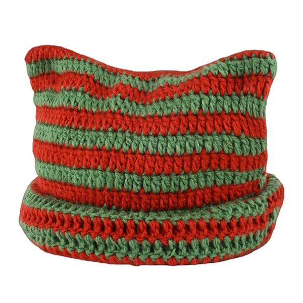 Kissapipo Virkatut hatut korvilla Neulottu raidallinen talvinen lämmin elastinen cap, punainen ja vihreä red green