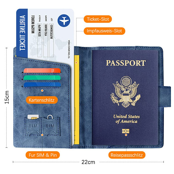 Passfodral, Vaccinationsintyg Fodral Läder, Konstläder Passfodral med RFID-blockerare, Skyddande Fodral Vaccinationskort(Blå) blue
