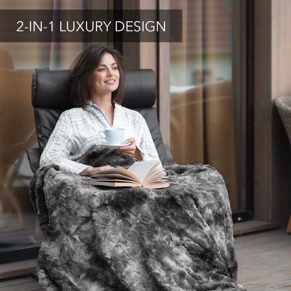 Pelsdyne - dobbeltsidet, blødt, varmt, hyggeligt, luksuriøst, blødt tæppe til sofa og seng - grå plader til sofa stor (152x127 cm)