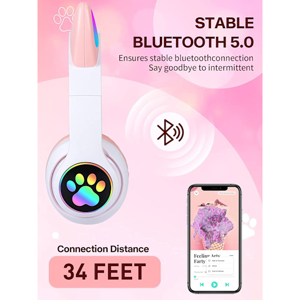 Kattøre LED lys opp sammenleggbare Bluetooth-hodetelefoner for barn