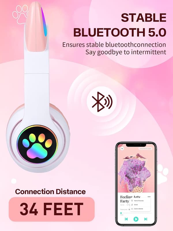 Kattöron LED-upplysta hopfällbara Bluetooth-hörlurar för barn