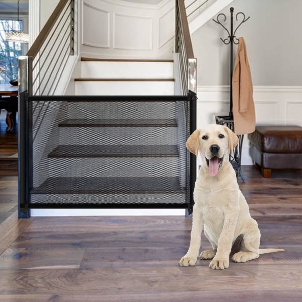 Dog Gate Mesh Gate for Stairs, Puppy Gates Adjustable Magic Pet Gate Without Drilling for The House Doorways, Portable Safety Puppy Gates Extends up